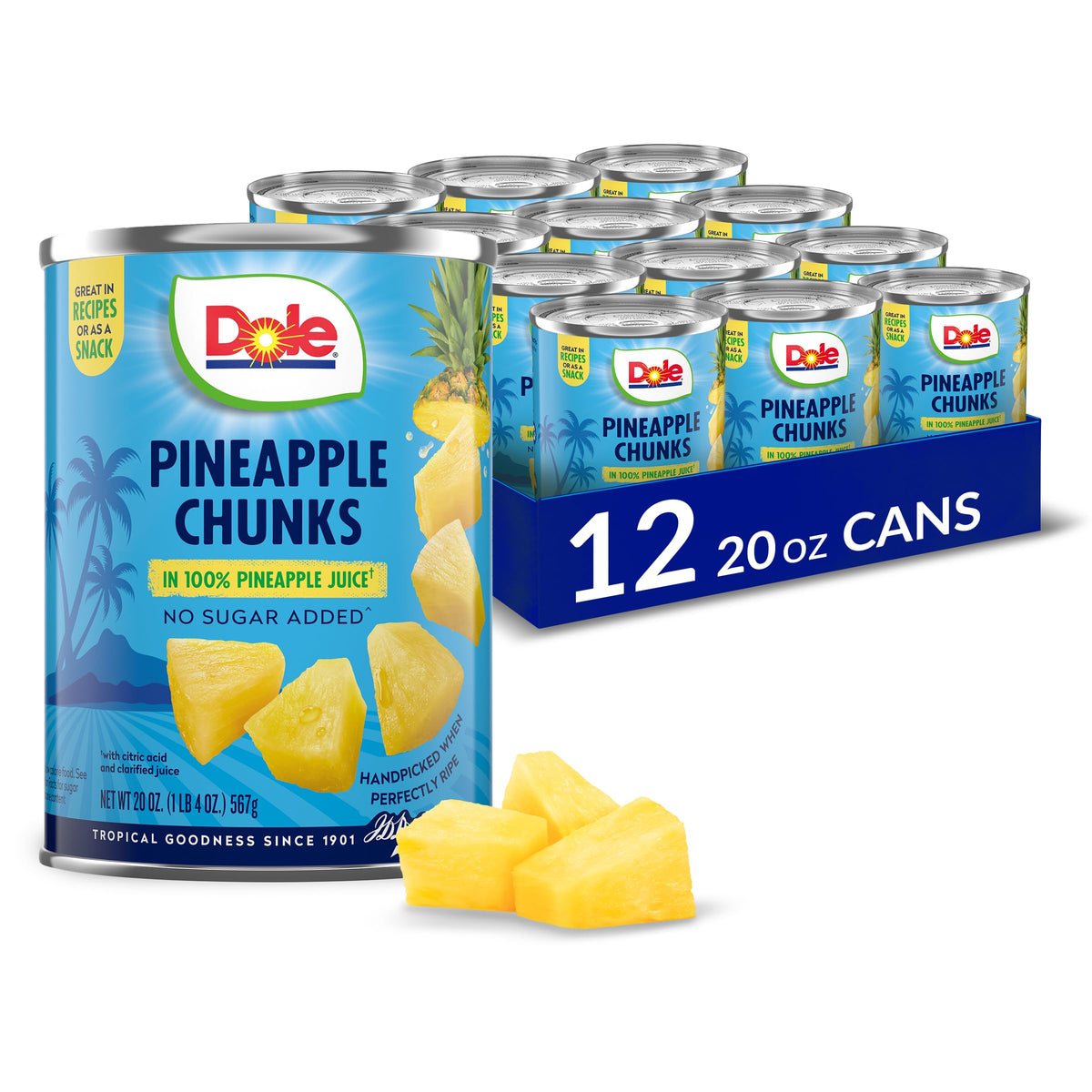 Dole Pineapple Chunks in juice can, convenient tropical fruit option for snacks.
