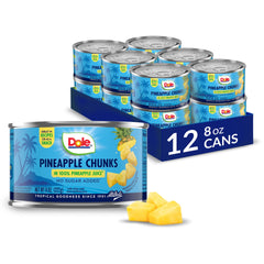 Dole Pineapple Chunks in 100% Pineapple Juice in can for easy snack prep.
