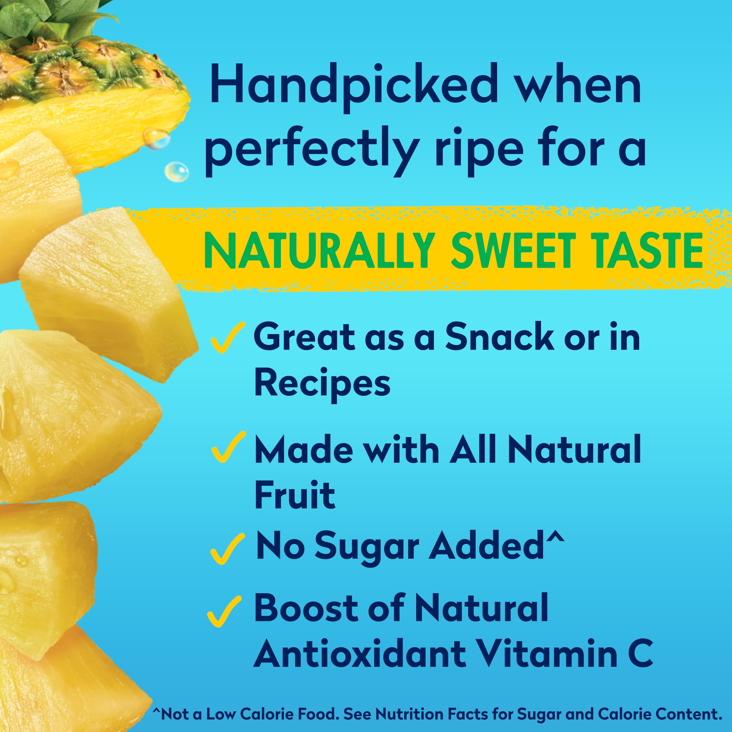 Dole Pineapple Chunks juice pour closeup showcasing 100% pineapple juice base.