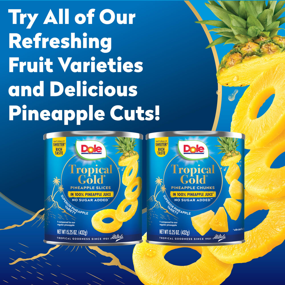 Dole pineapple chunks in juice ready to pour into desserts or bowls.