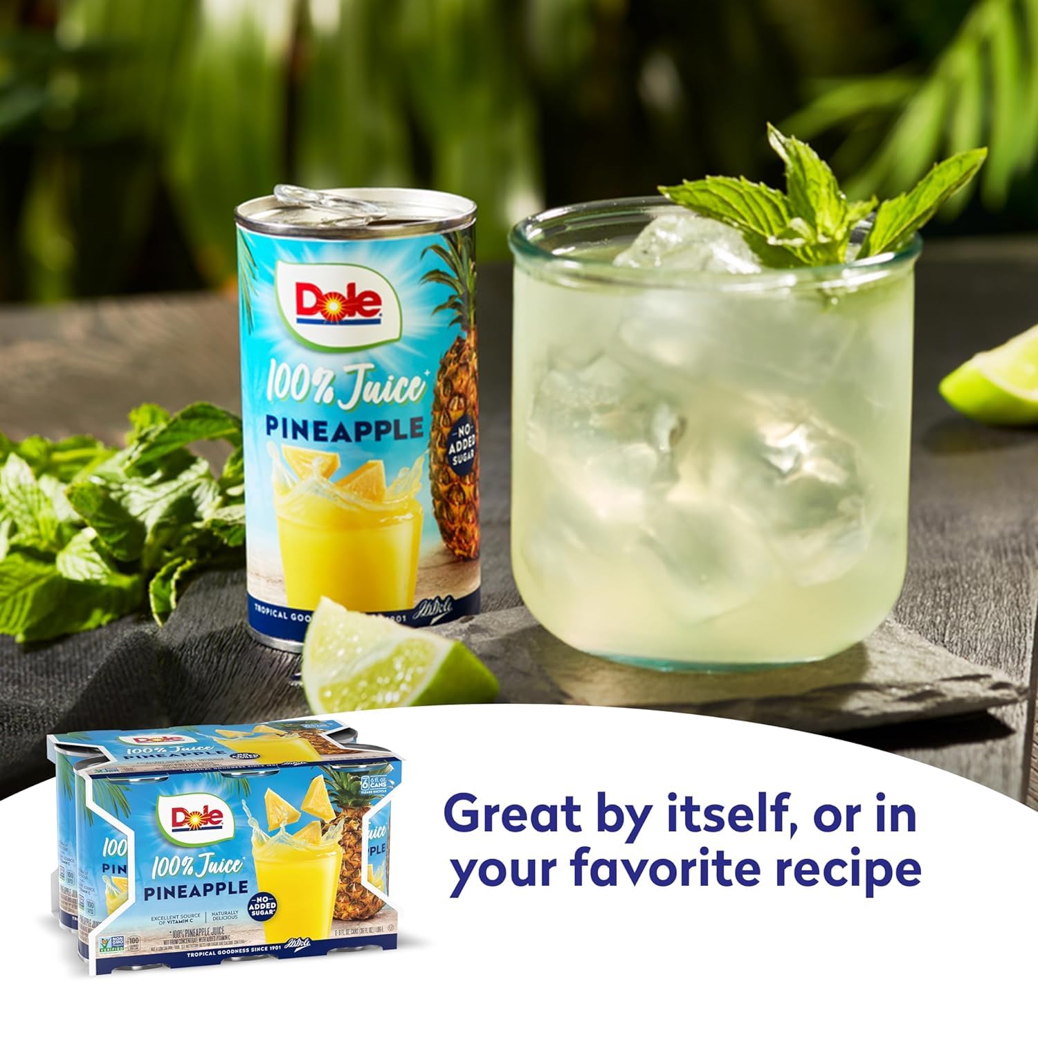 Poured Dole Pineapple Juice into glass for a tropical refreshment.