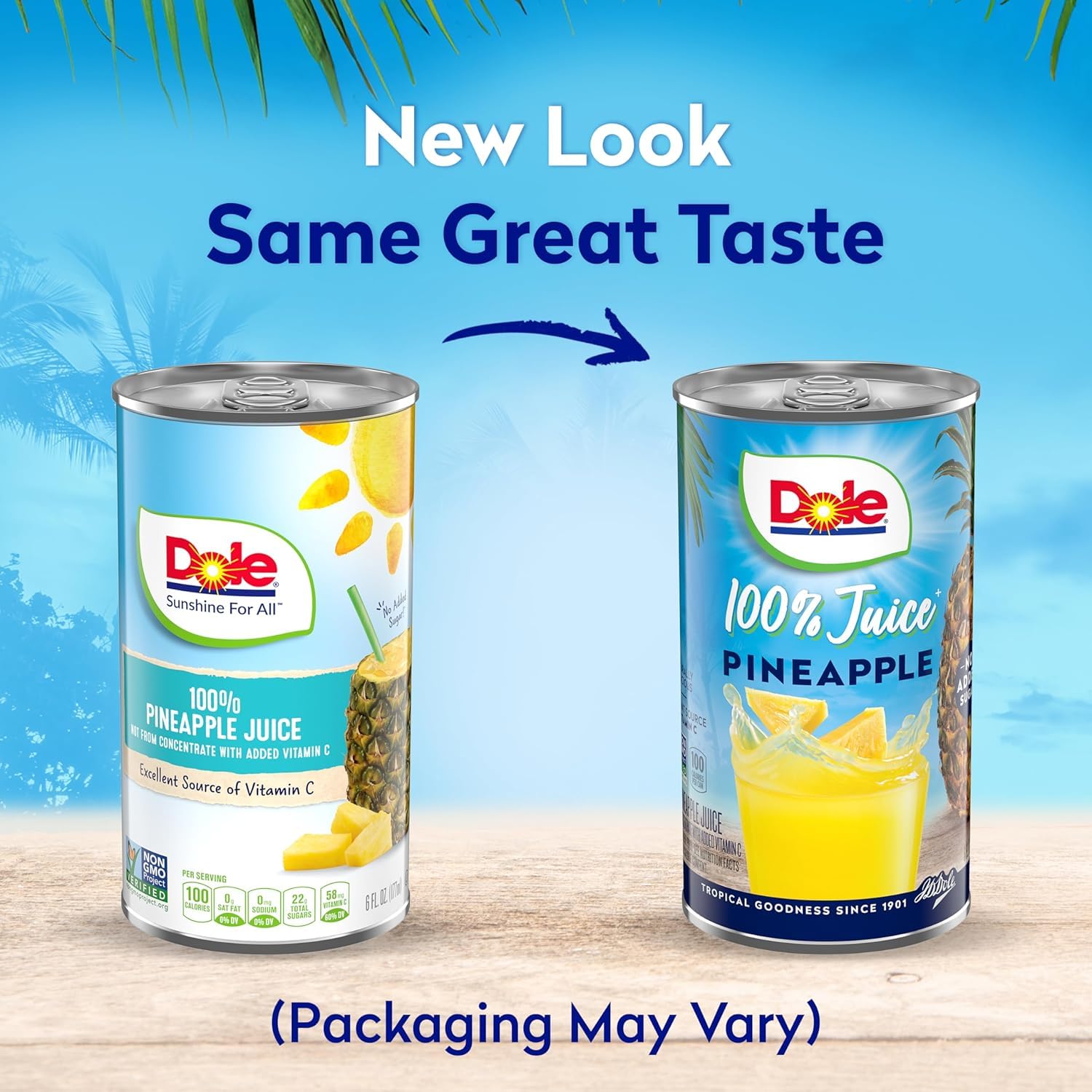 Nutrition panel on Dole Pineapple Juice can highlights vitamin C content.