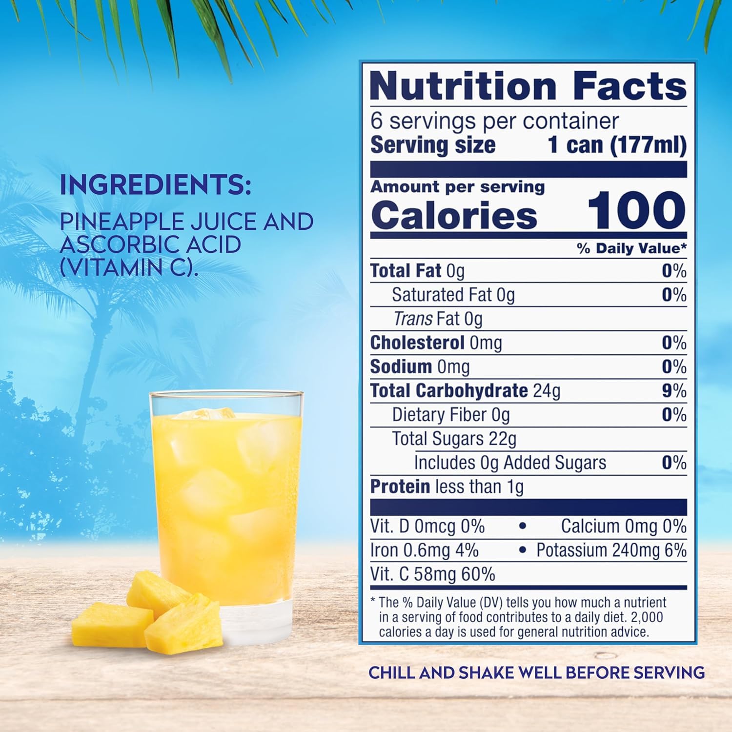 Side view of Dole Pineapple Juice can showing ingredients for easy planning.