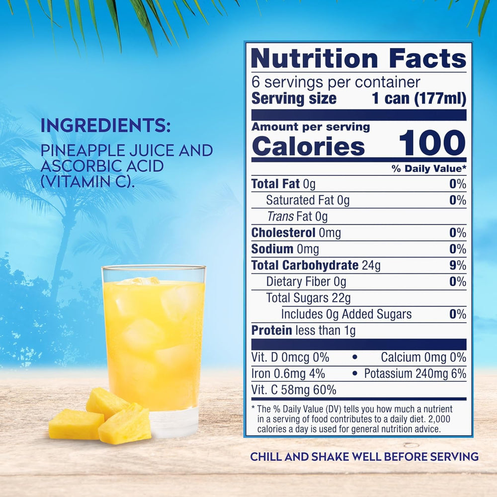 Side view of Dole Pineapple Juice can showing ingredients for easy planning.