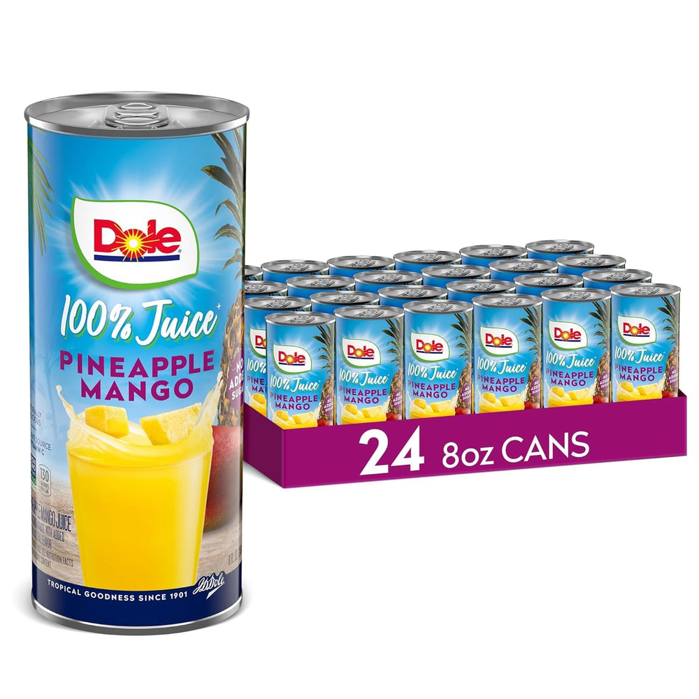 Dole pineapple mango juice can front showing 100% juice and vitamin C.