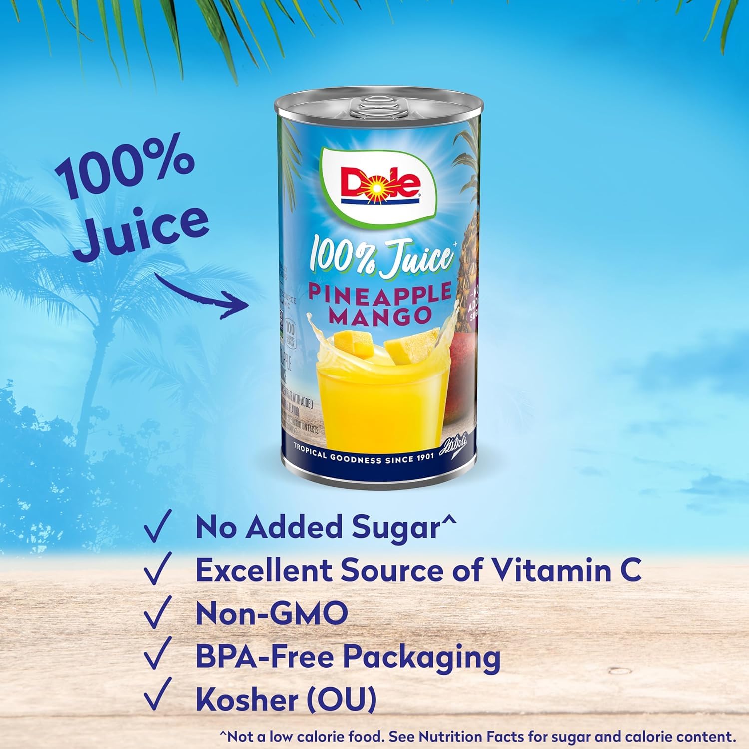 Close-up of Dole juice label showing no added sugar.