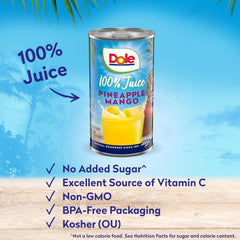 Close-up of Dole juice label showing no added sugar.