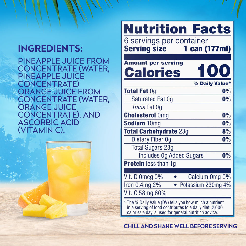 Dole Pineapple Orange Juice can-pack shows a convenient eight 6-can packs.