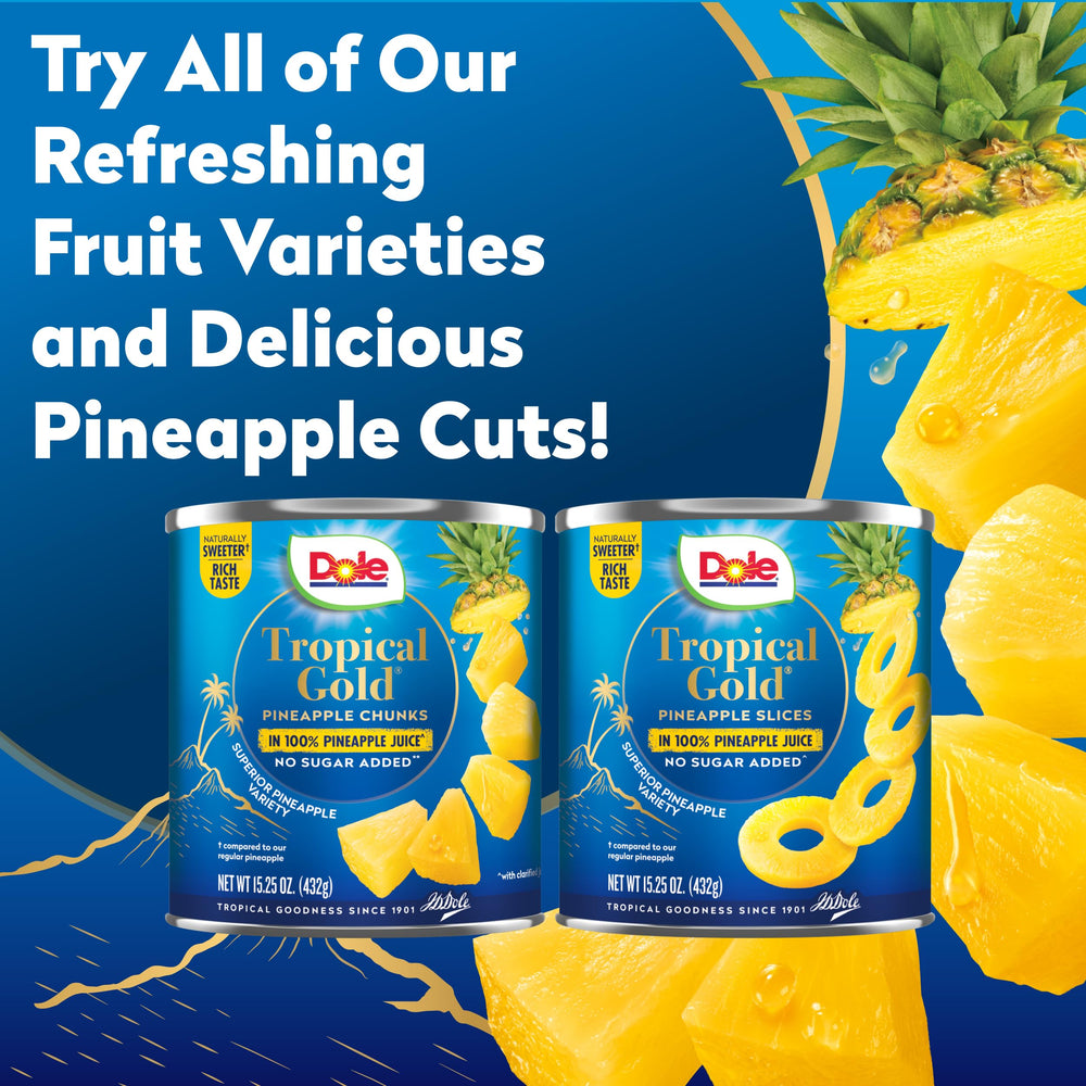 Dole Tropical Gold pineapple slices in juice offer gluten-free, kosher versatility.