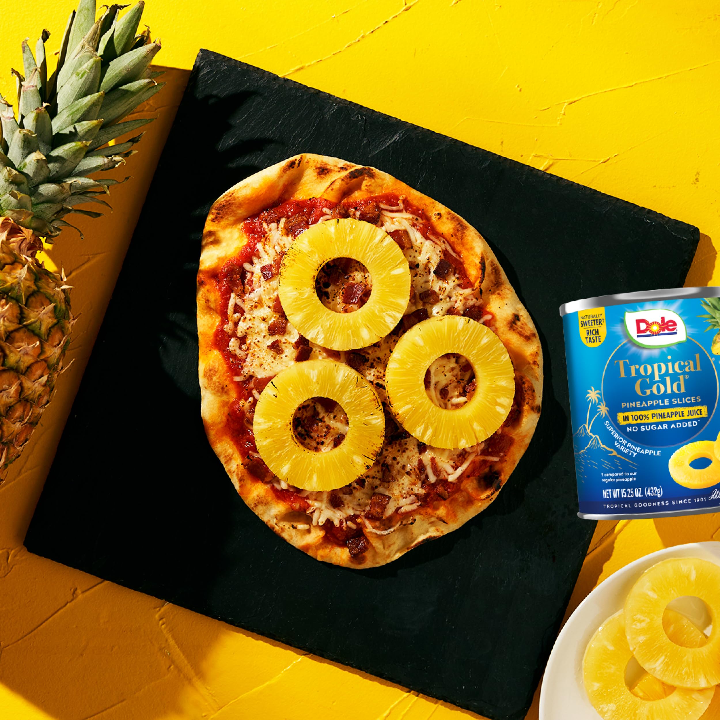 Dole Tropical Gold pineapple slices in juice showcase vitamin C boost.