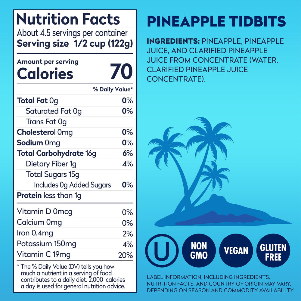 Dole Pineapple Tidbits 20 oz can label close-up highlights 100% juice