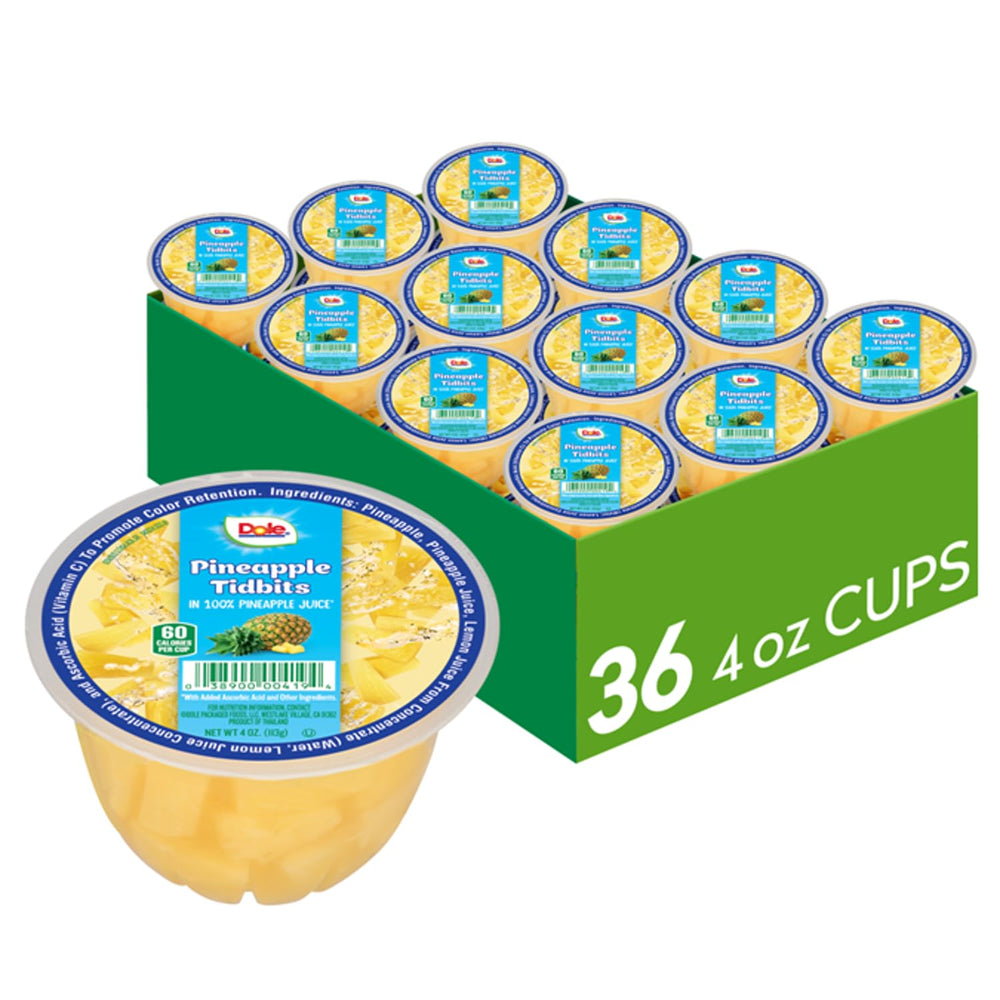 Dole Pineapple Tidbits in 100% Juice can, a convenient, refreshing snack.