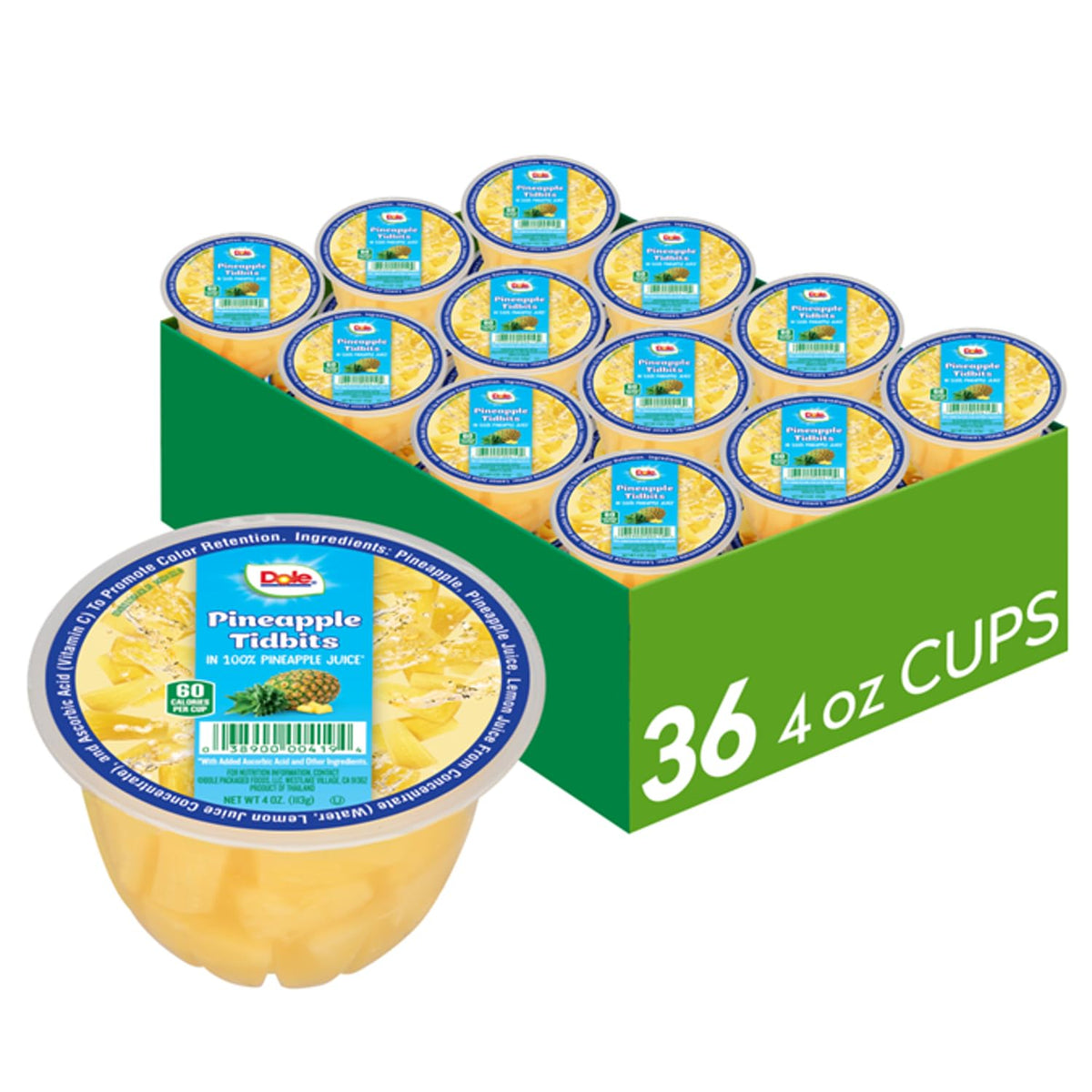 Dole Pineapple Tidbits in 100% Juice can, a convenient, refreshing snack.
