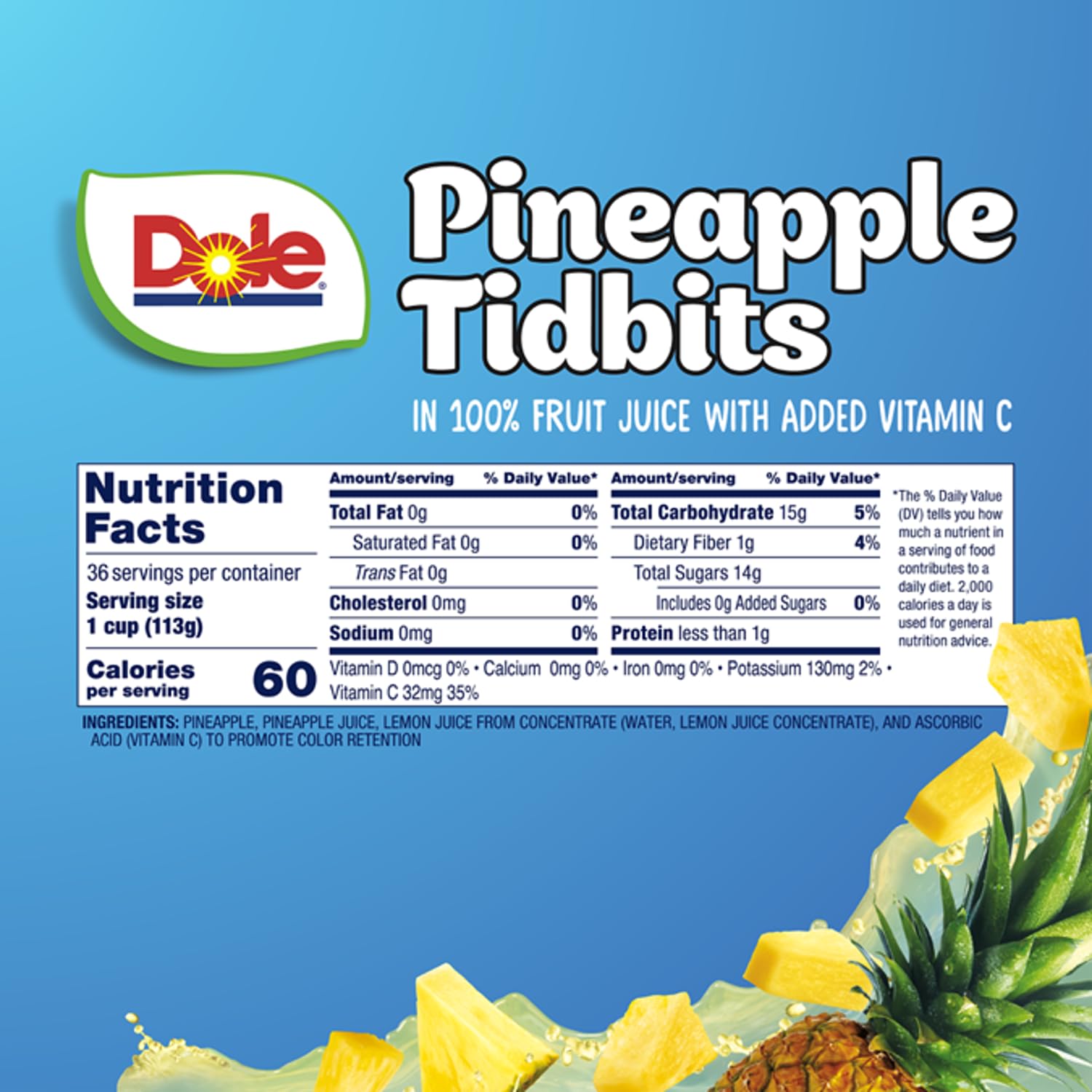 Dole Pineapple Tidbits in juice with spoon, ready to boost bowls and recipes.