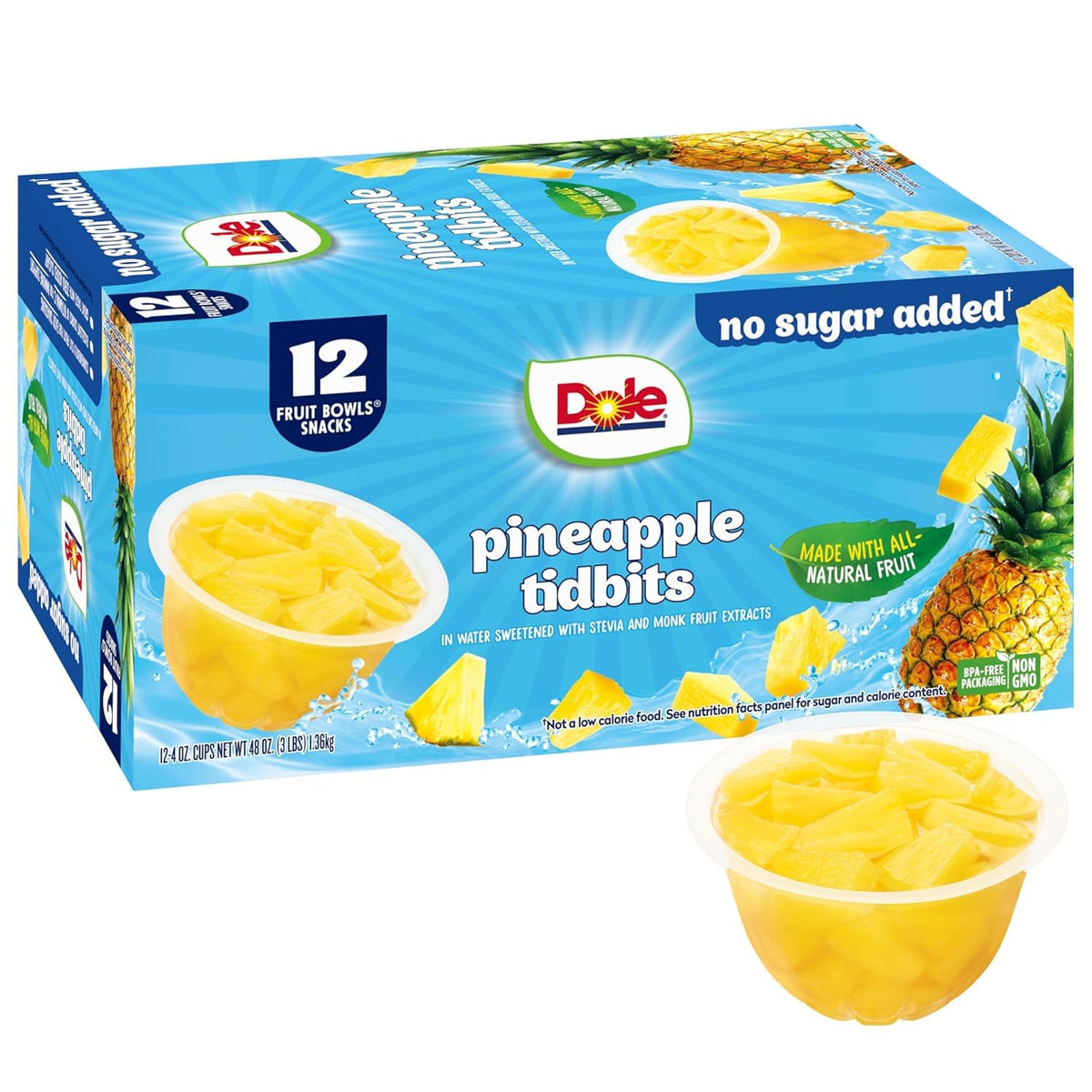 Dole Pineapple Tidbits no sugar added in a bowl for a quick snack.