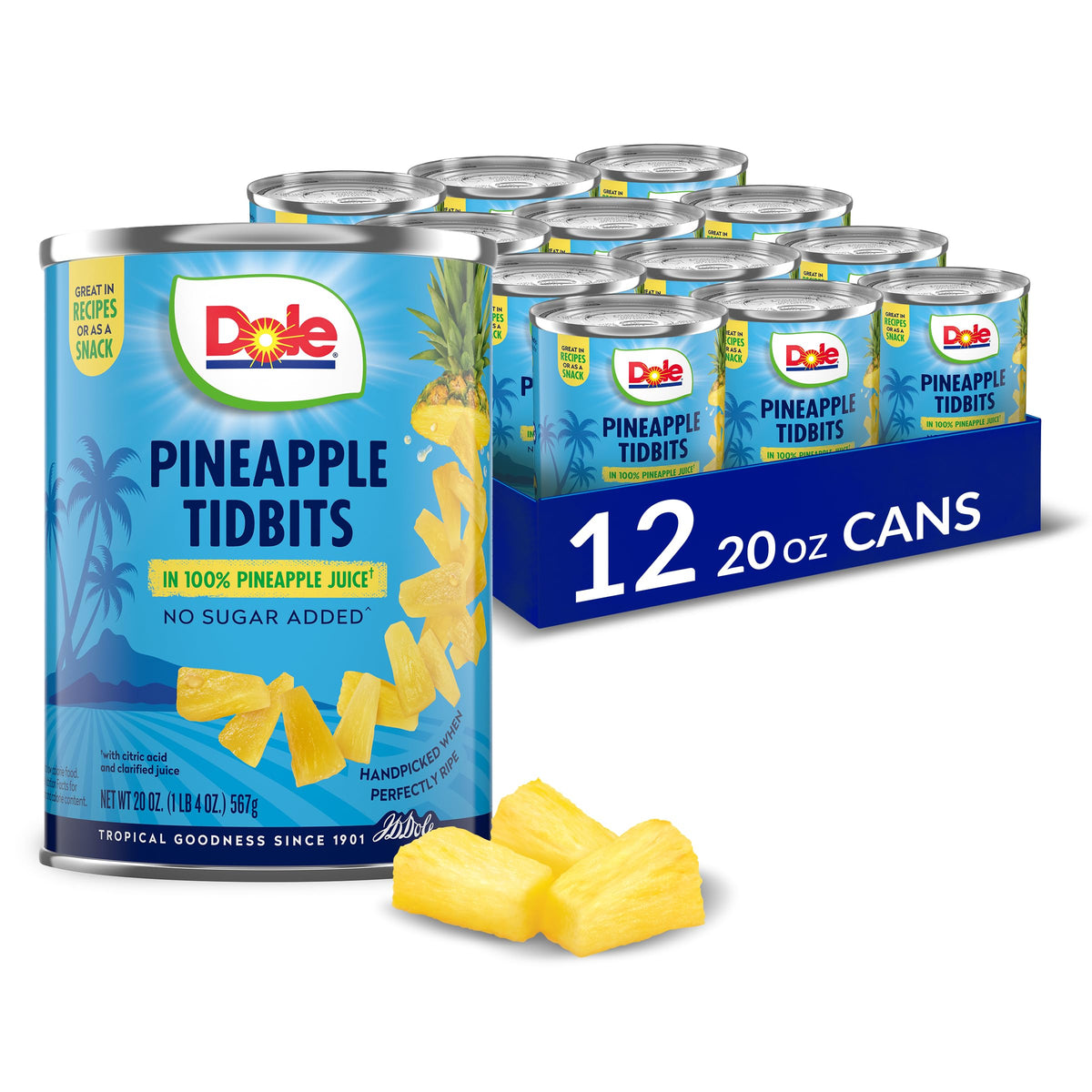Dole Pineapple Tidbits packaging front showcases a pantry staple