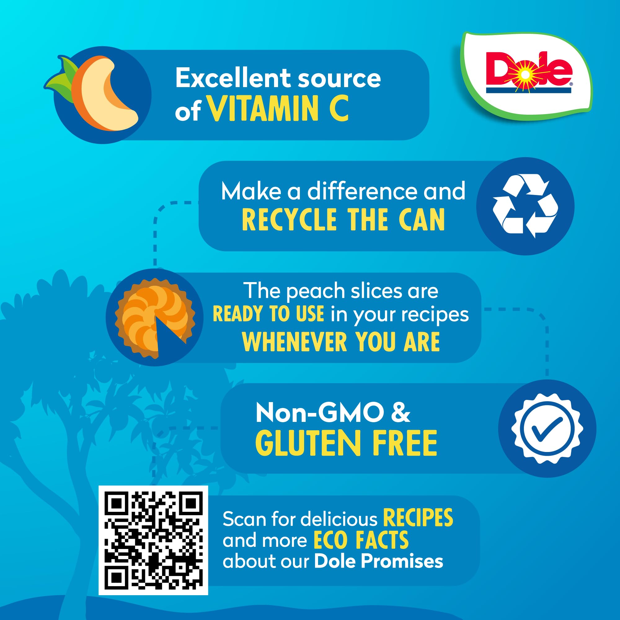 Dole sliced peaches topping ideas for yogurt, oats, or salads.