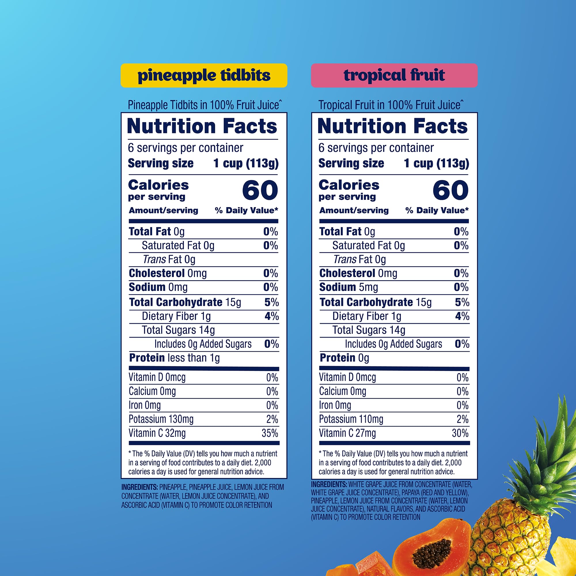 Dole Tropical Fruit 4oz bowl shows juicy pieces, ready-to-eat snack.