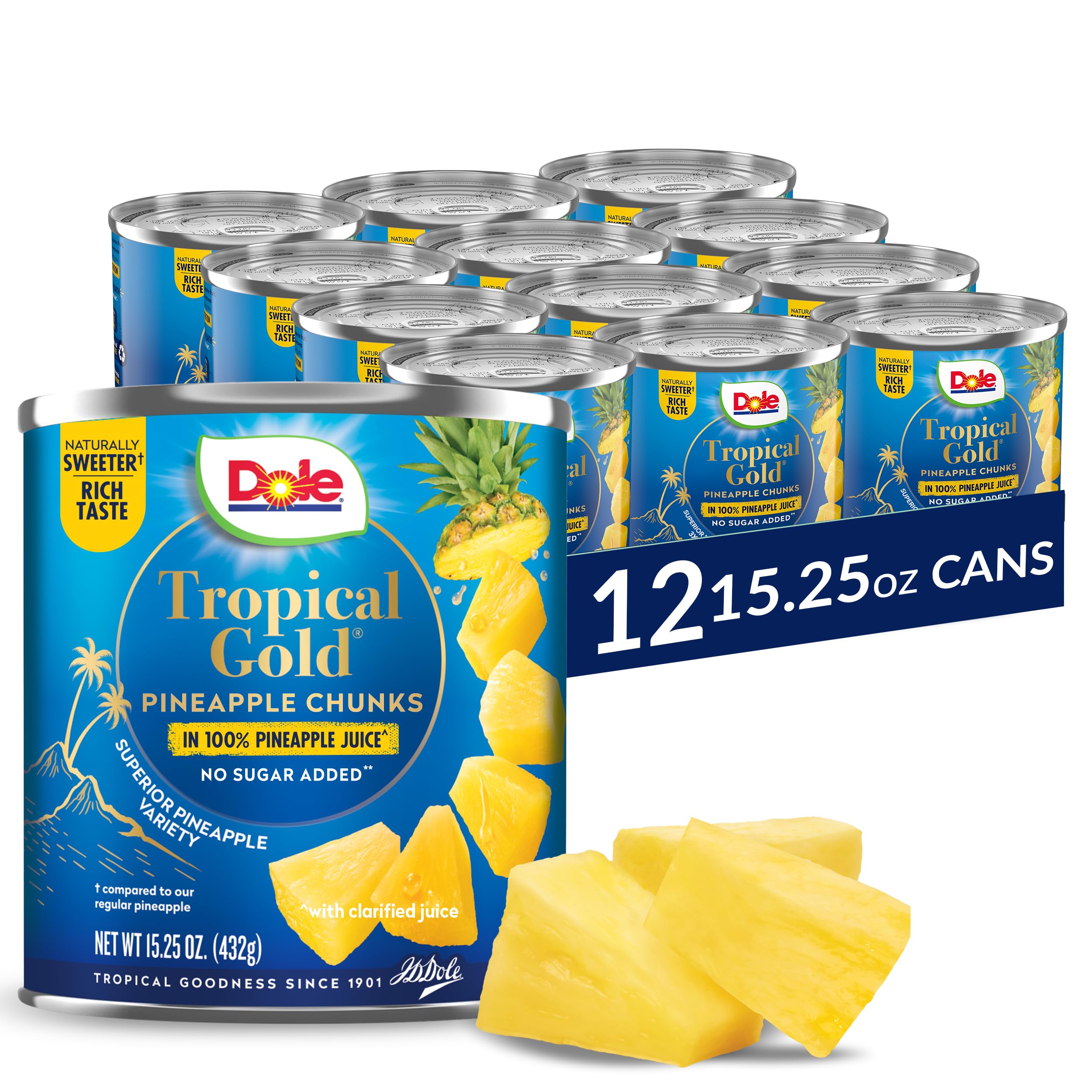 Dole Tropical Gold pineapple chunks in juice close-up showing vibrant pieces.