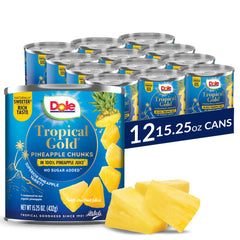 Dole Tropical Gold pineapple chunks in juice close-up showing vibrant pieces.