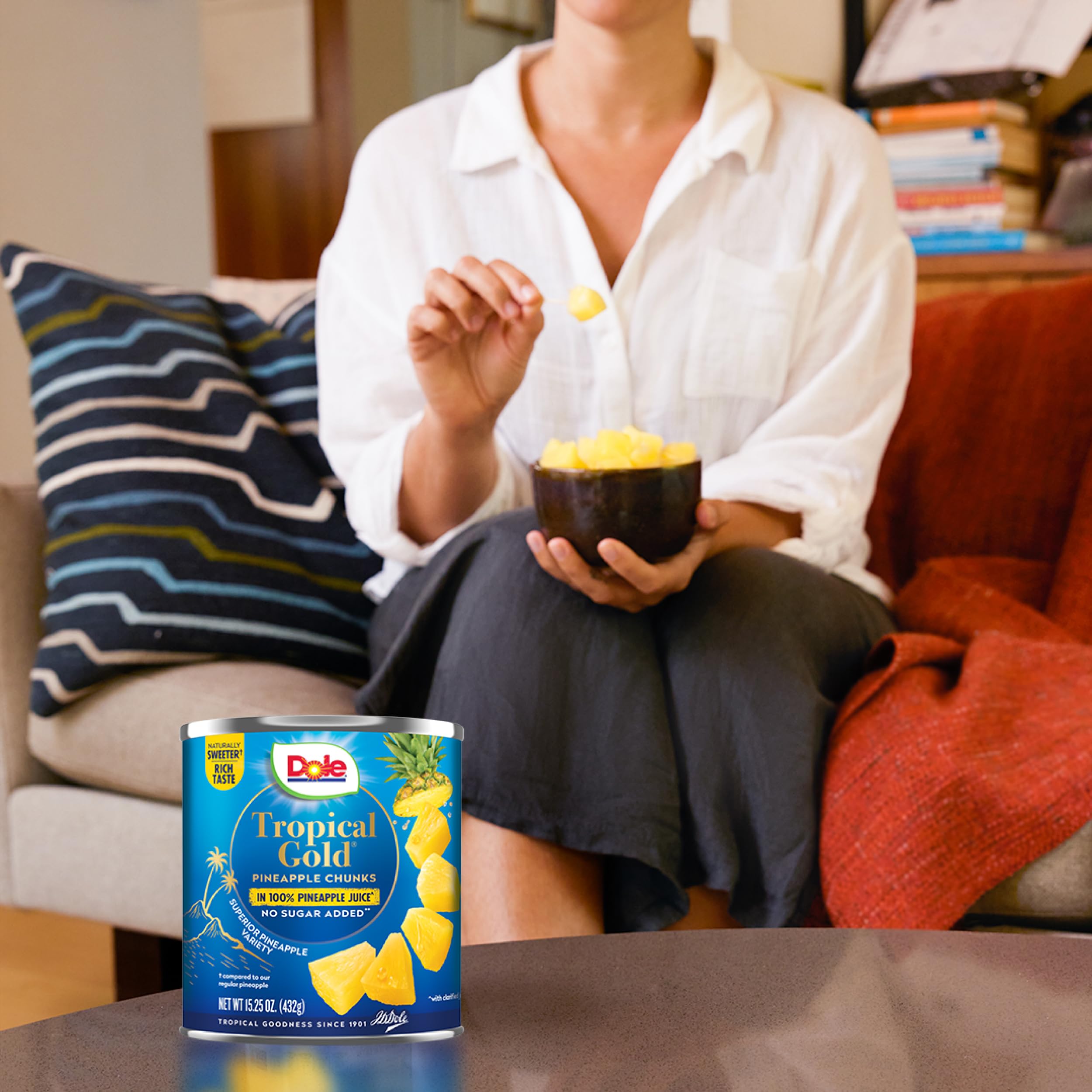 Dole Tropical Gold pineapple chunks displayed as a pantry-ready packaging.