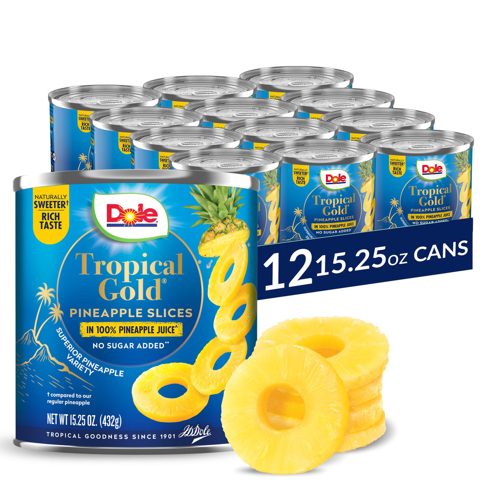 Dole Tropical Gold pineapple slices in juice provide a refreshing, ready-to-eat snack.