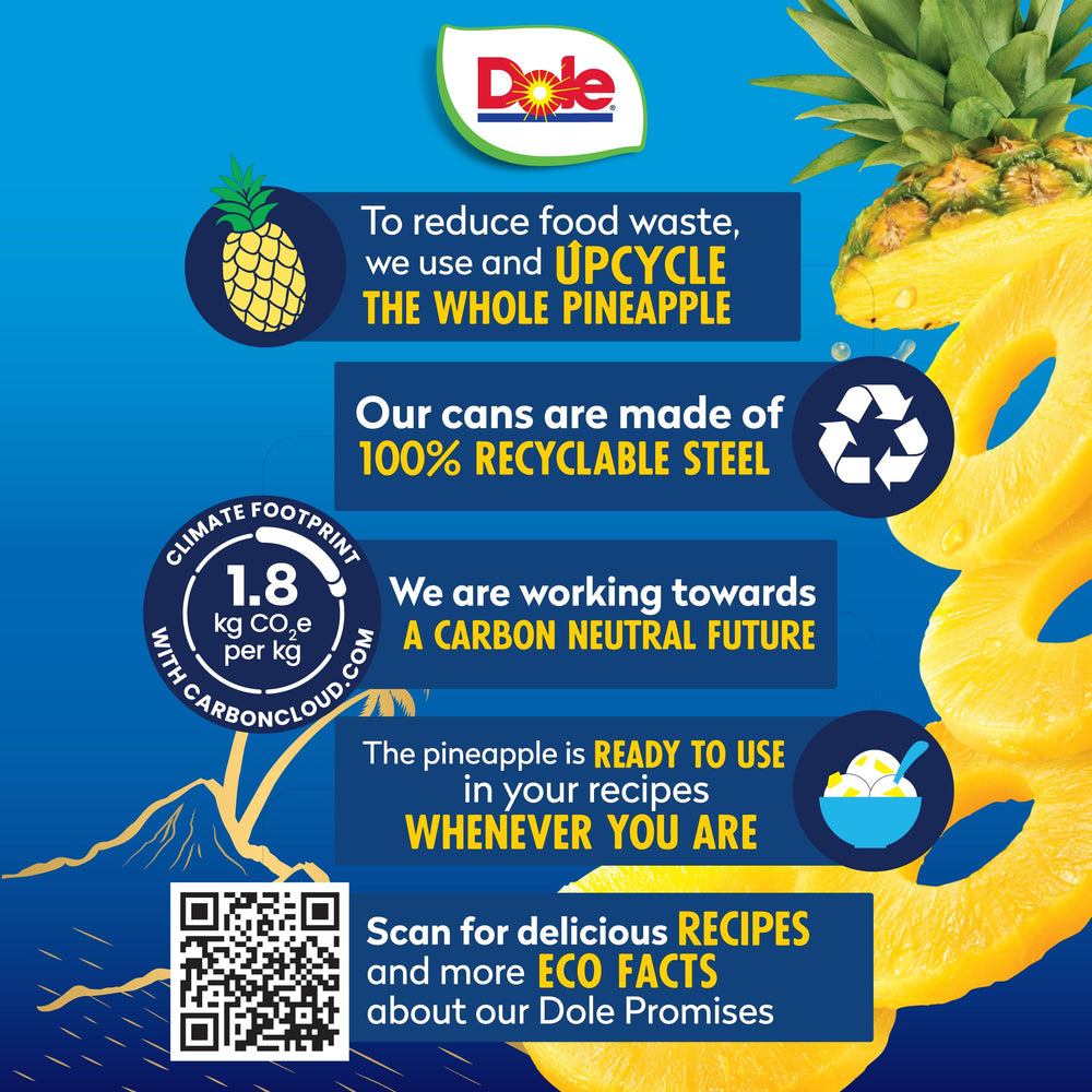 Dole Tropical Gold pineapple slices in juice show BPA-free packaging and pantry-ready appeal.