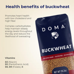 Gluten-free label beside DOMA Buckwheat packaging signals diet suitability