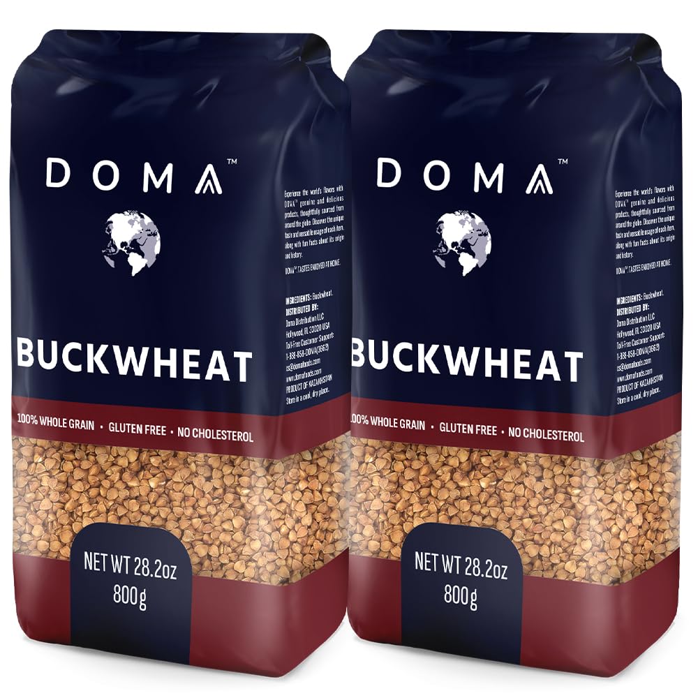DOMA Toasted Buckwheat Groats package on kitchen counter, premium gluten-free grain