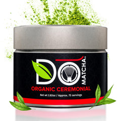 DoMatcha ceremonial matcha tin showing vibrant emerald powder for traditional whisking.