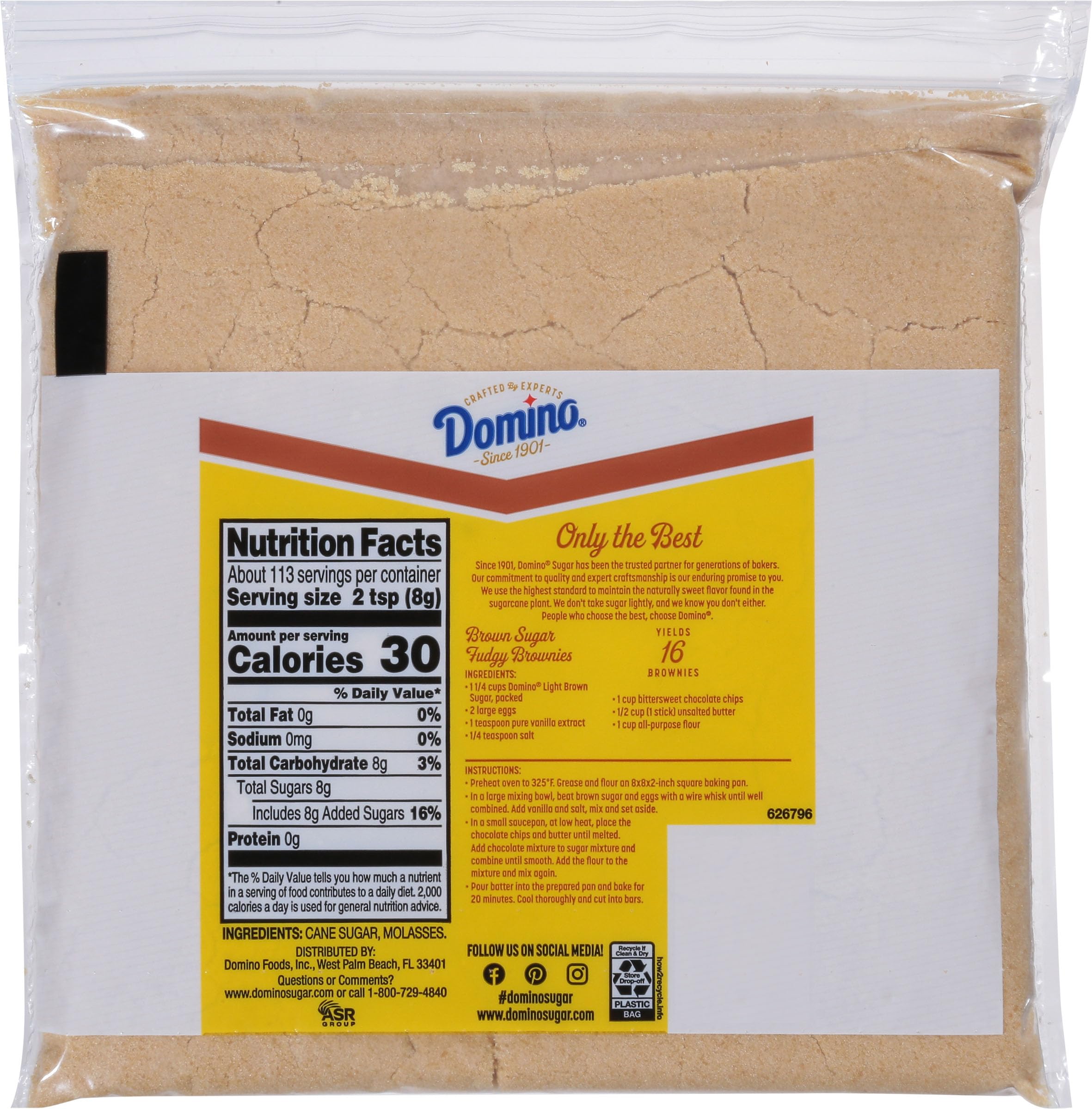 Domino Light Brown Sugar zipper bag closeup showing reseal freshness for recipes.