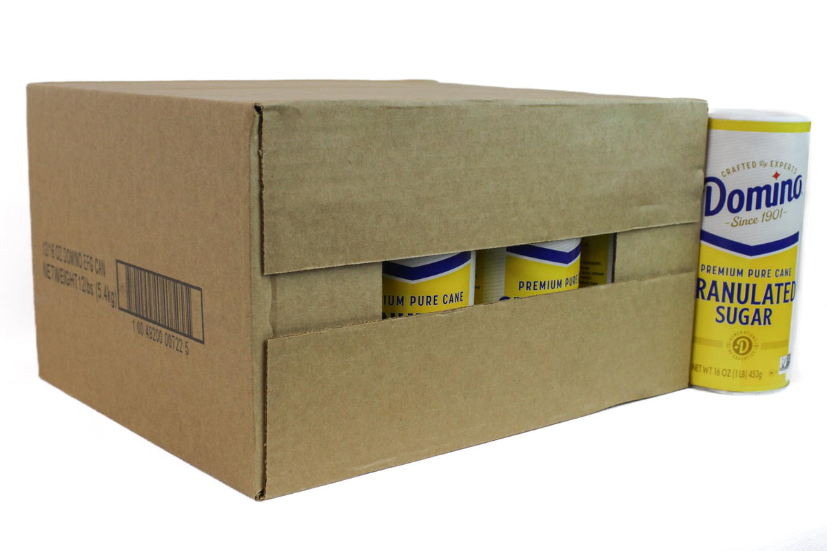 Domino Premium Cane Sugar canister front view for easy stocking and quick sweetening.