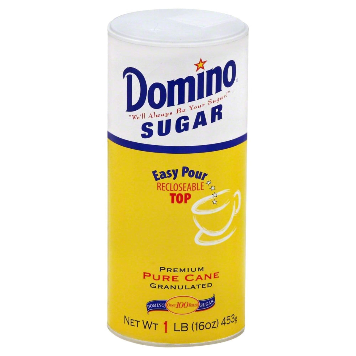 Domino premium cane sugar canister pour for easy sweetening in beverages and baking