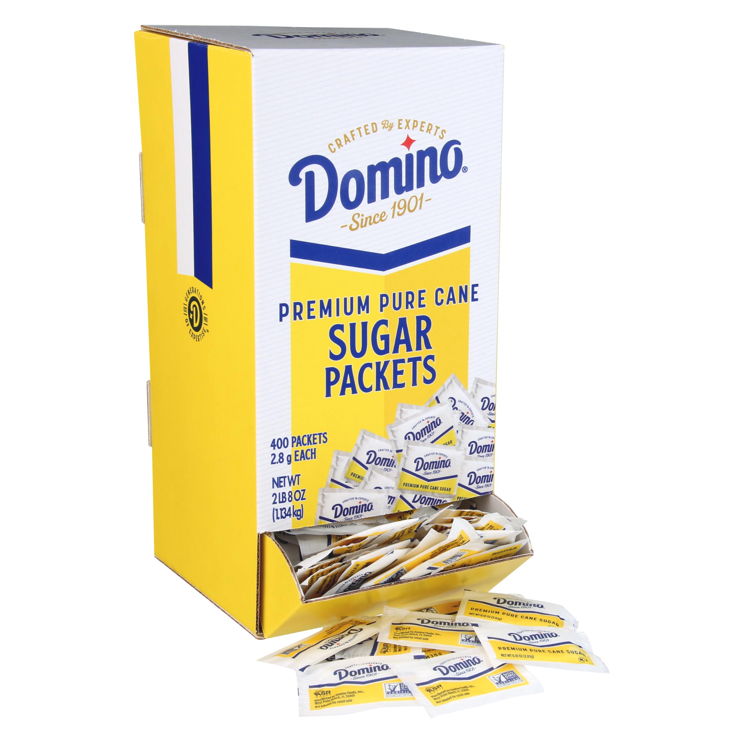 Domino sugar packets in a dispenser box for quick self-serve sweetness