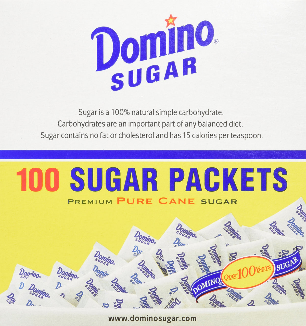 Domino sugar packets front packaging showing quick, consistent sweetness for coffee.