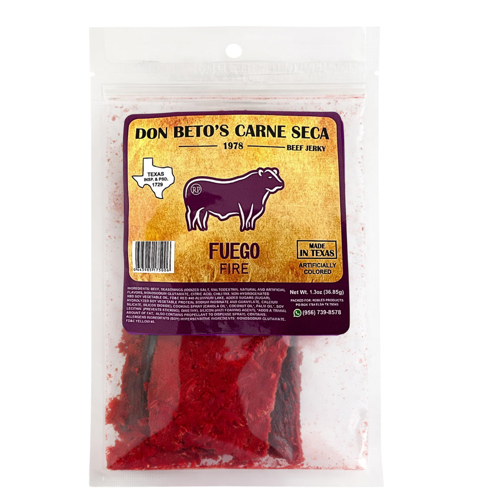 Don Beto's Carne Seca Fuego beef jerky pack on-the-go for protein and heat.