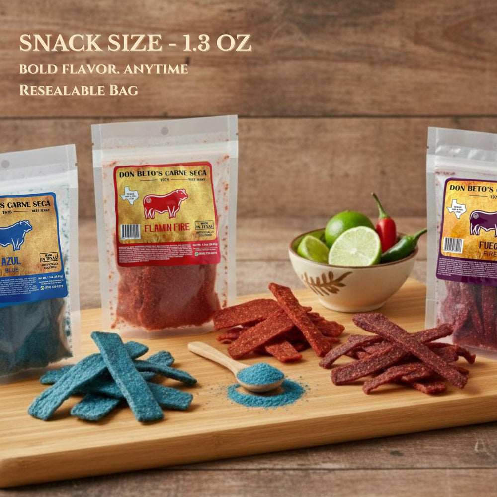Don Beto's Carne Seca Fuego jerky on-the-go, ideal for heat seekers.