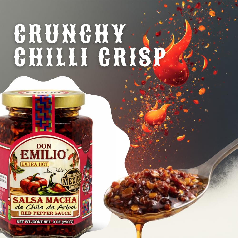 Don Emilio Hot Chili Salsa Macha crisp closeup emphasizes crunchy texture and heat.