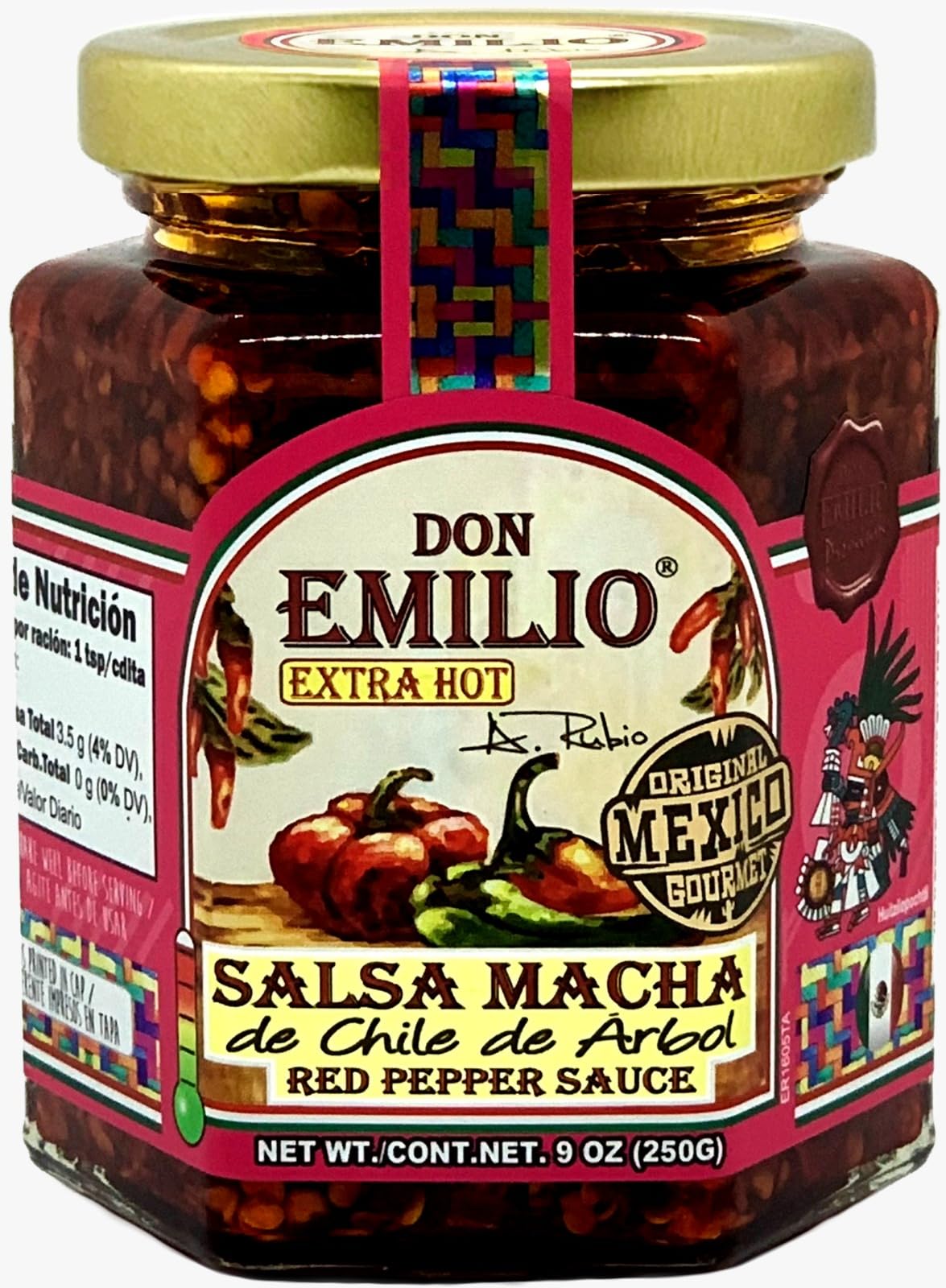 Don Emilio Hot Chili Salsa Macha jar-top shows bold flavor and texture for bold meals.