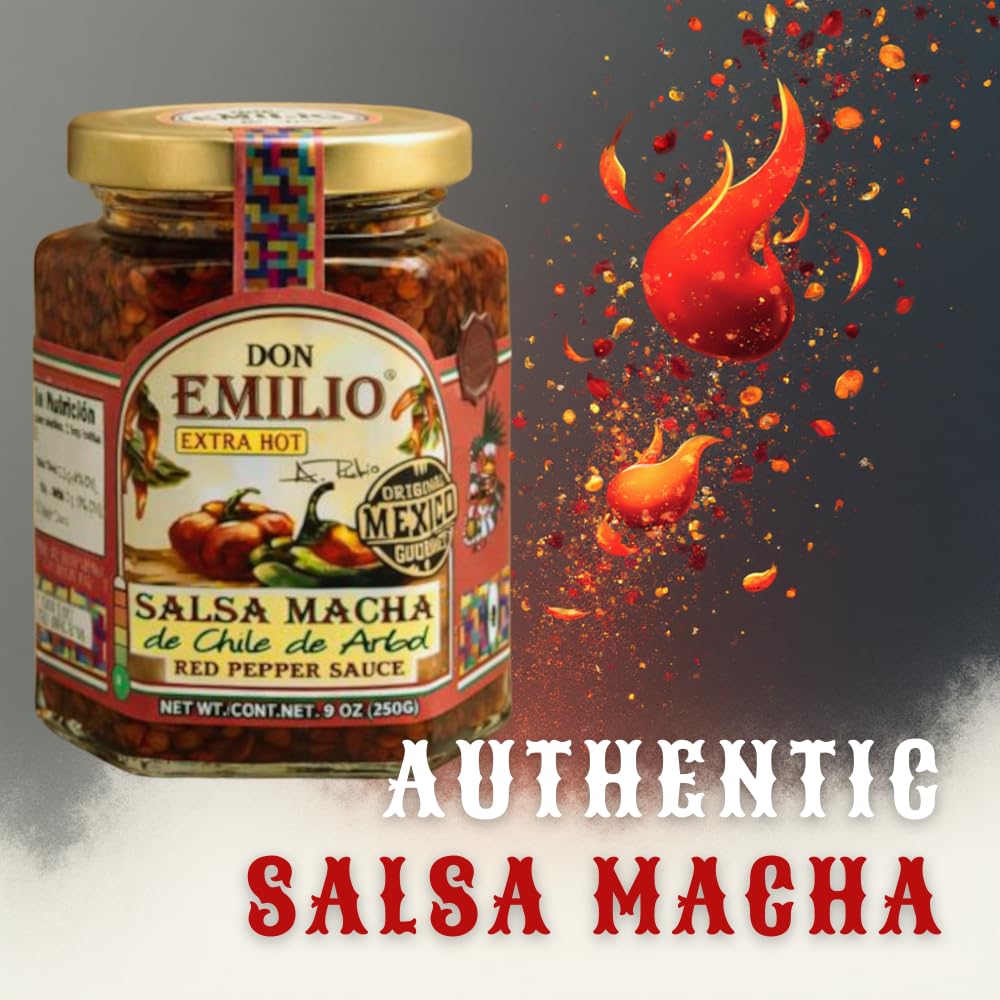 Don Emilio Hot Chili Salsa Macha pizza drizzle delivers smoky crunch on slices.