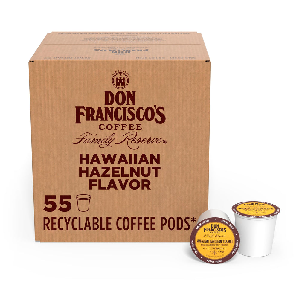 Don Francisco's Hawaiian Hazelnut pods in a box, ready for rapid Keurig brewing.