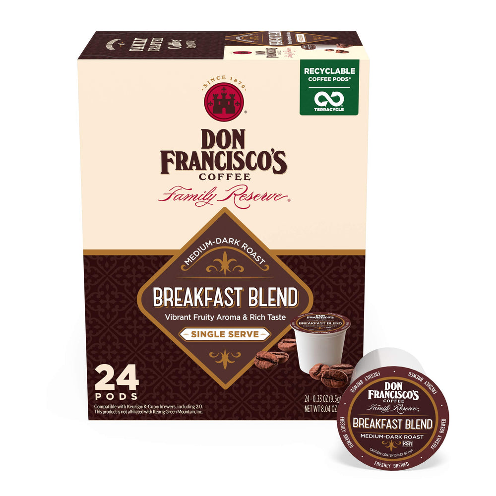 Don Francisco's Breakfast Blend pods—a 24-count box for quick morning brews.