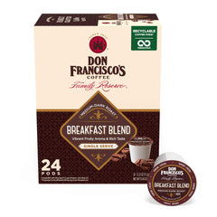 Don Francisco's Breakfast Blend pods—a 24-count box for quick morning brews.