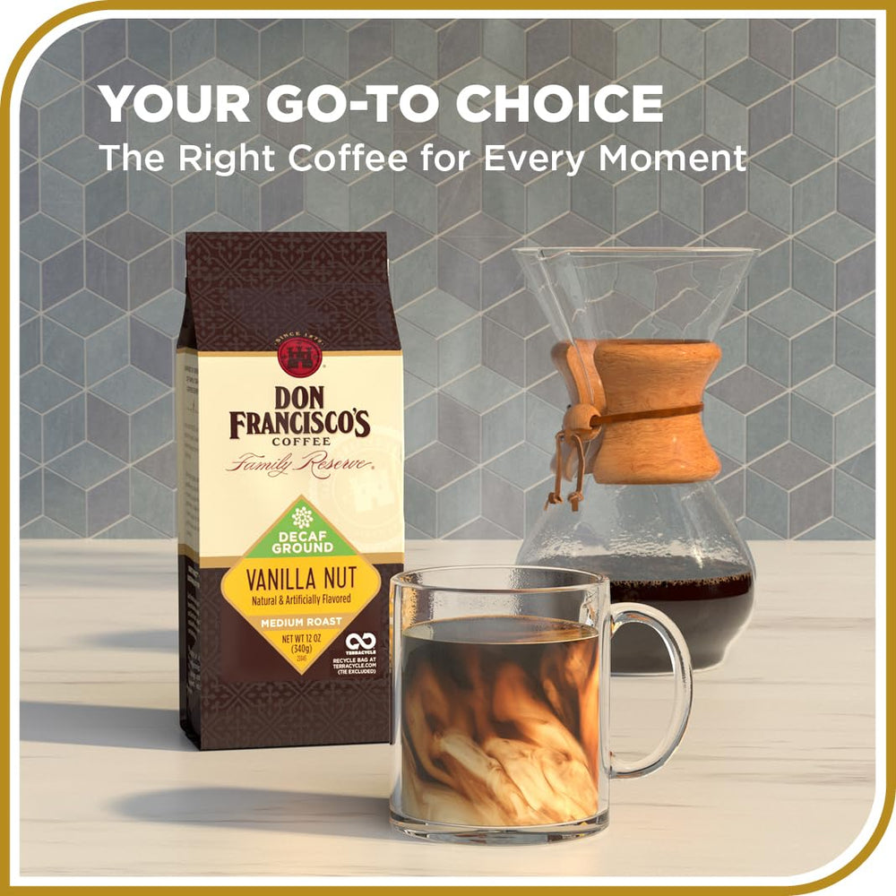 A brewed cup showcasing the medium roast and vanilla-nut profile.