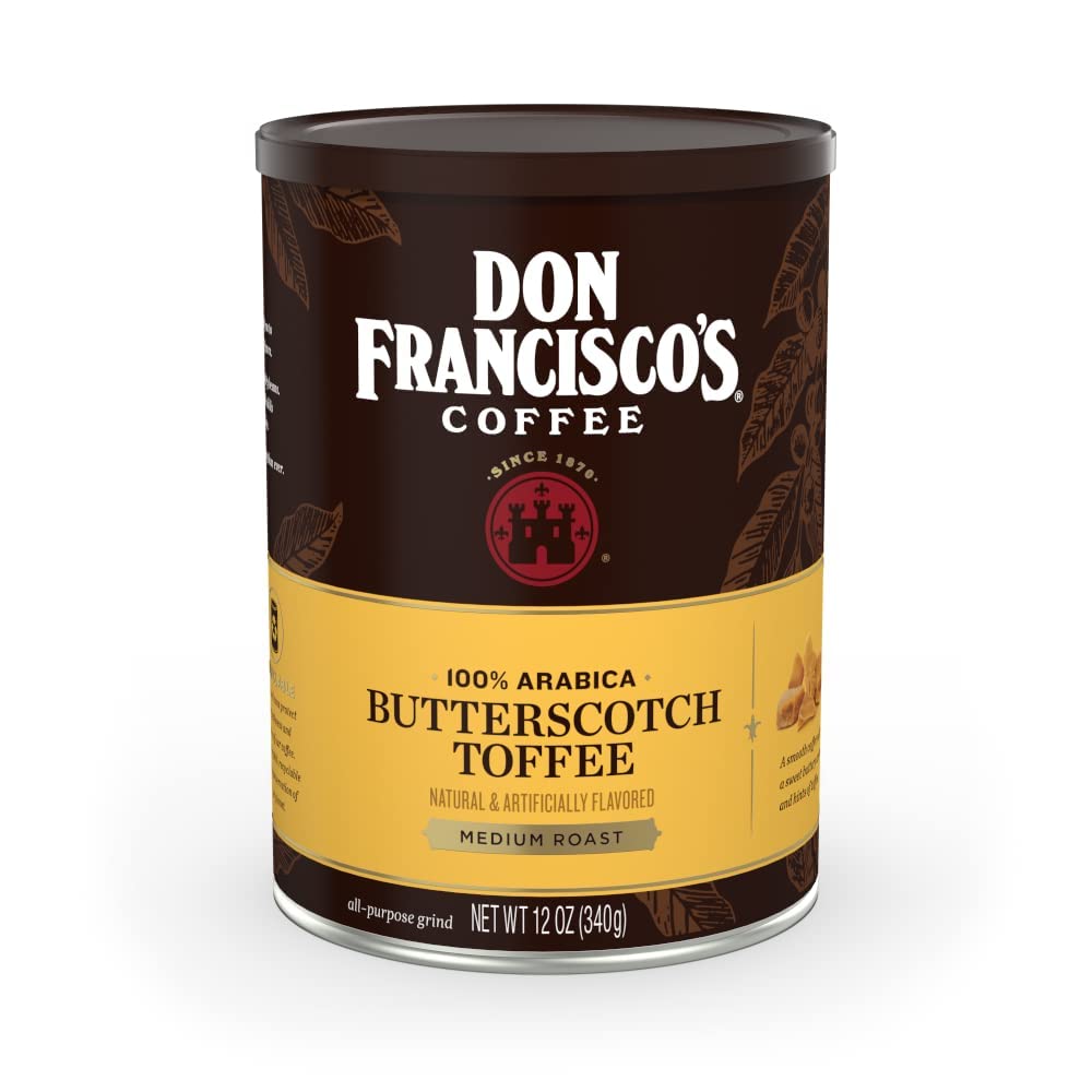 Don Francisco's Butterscotch Toffee ground coffee canister with rich aroma for a comforting morning routine.