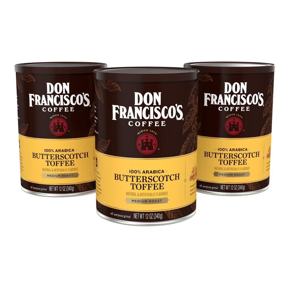 Don Francisco's Butterscotch Toffee Ground Coffee cans preserve freshness and aroma.
