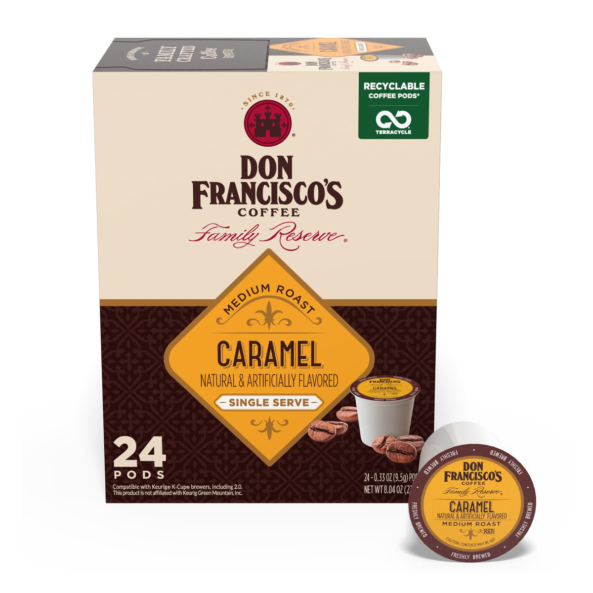 Don Francisco's caramel coffee pods 24-count box for easy daily use.