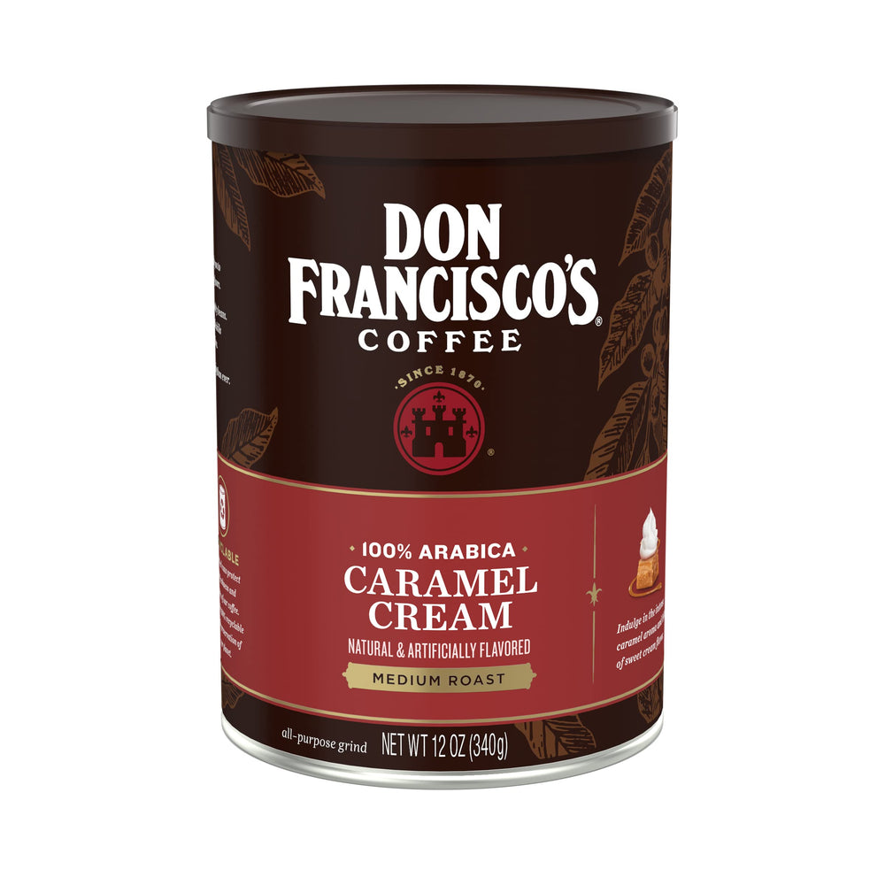 Don Francisco's caramel cream ground coffee can releasing aroma