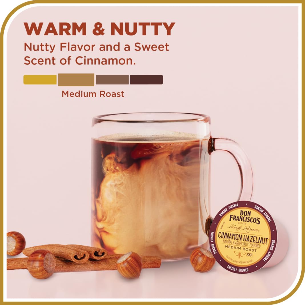 Don Francisco's Cinnamon Hazelnut cup steam — aromatic medium roast for cozy home brewing.