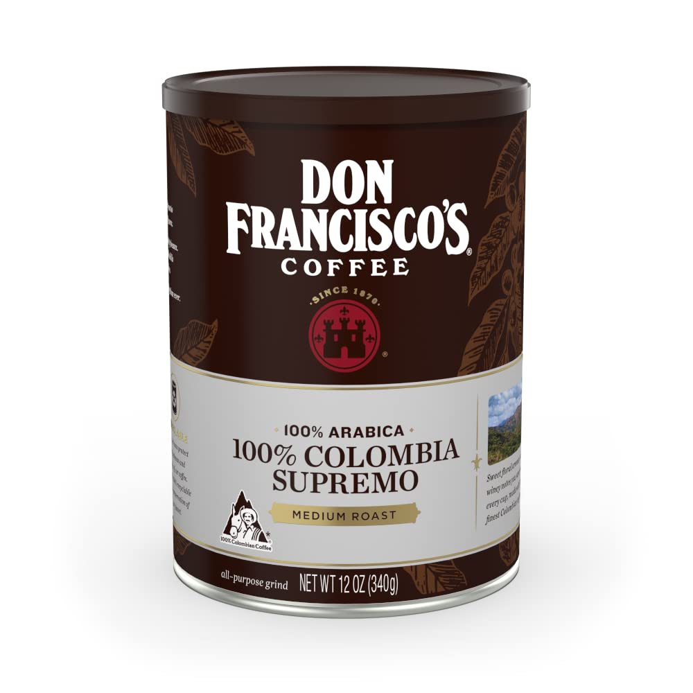 Don Francisco's Colombia Supremo ground coffee can with rich aroma for mornings.